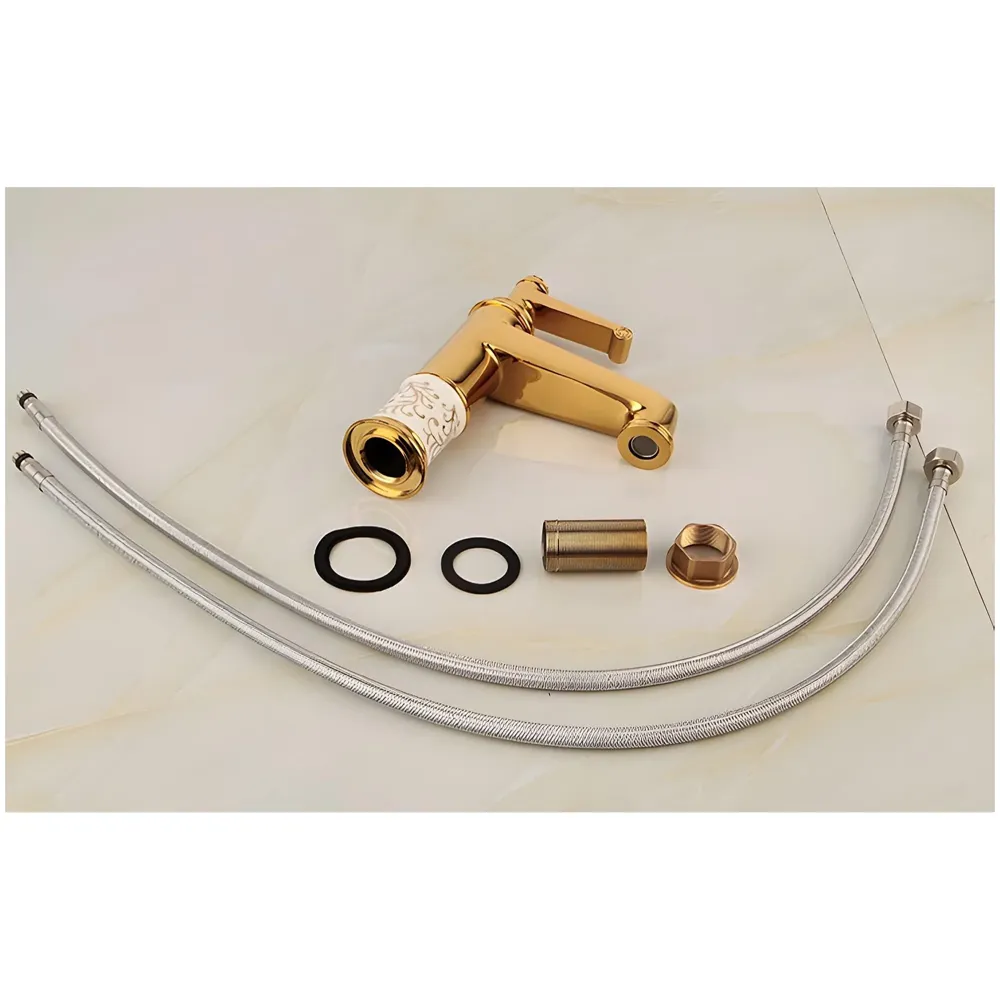 Brass Gold White Flower Basin Tap Faucet Mixer Hot and Cold Sink Mixer Golden Colour Aura Florina (Short Body 7 Inches) for Bathroom Toilet Wash Basins Hot and Cold Water