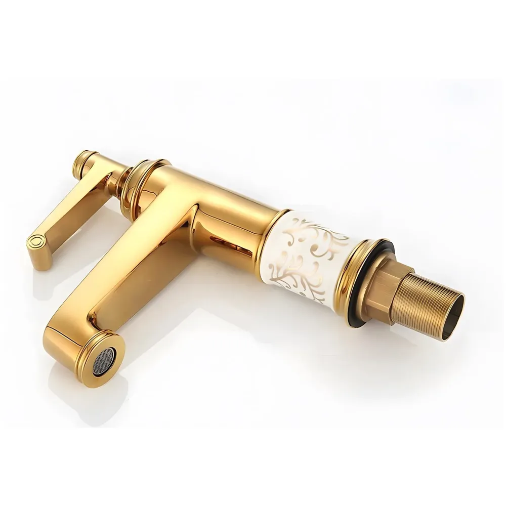Brass Gold White Flower Basin Tap Faucet Mixer Hot and Cold Sink Mixer Golden Colour Aura Florina (Short Body 7 Inches) for Bathroom Toilet Wash Basins Hot and Cold Water