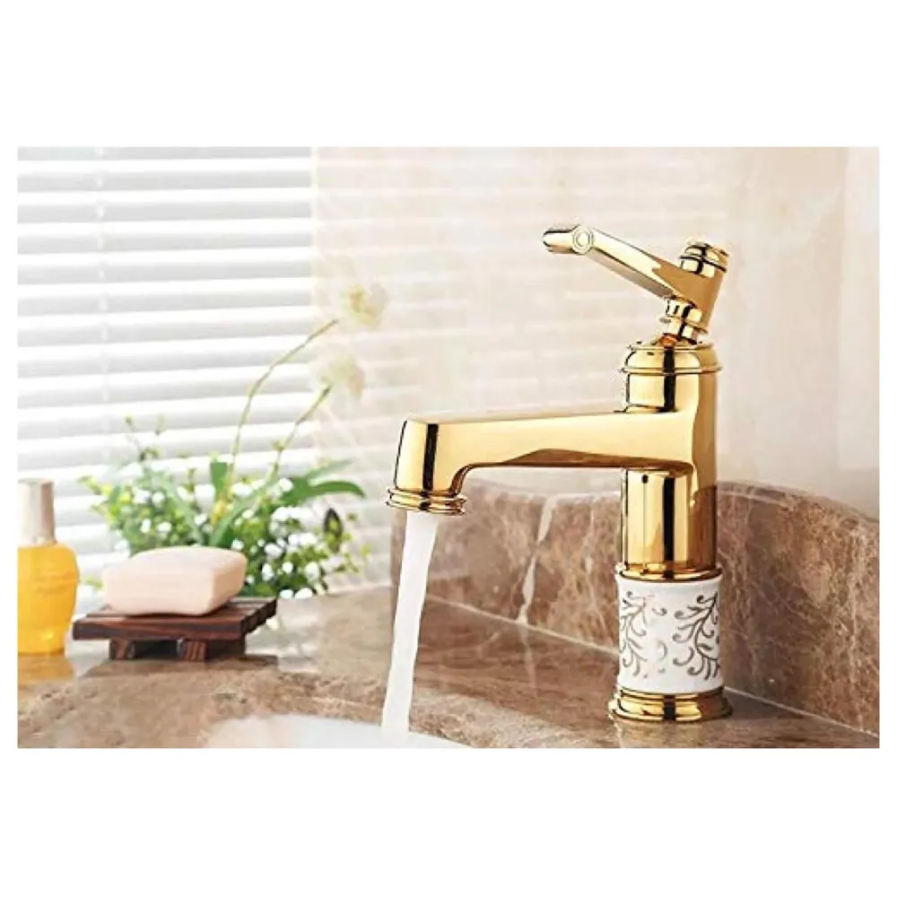 Brass Gold White Flower Basin Tap Faucet Mixer Hot and Cold Sink Mixer Golden Colour Aura Florina (Short Body 7 Inches) for Bathroom Toilet Wash Basins Hot and Cold Water