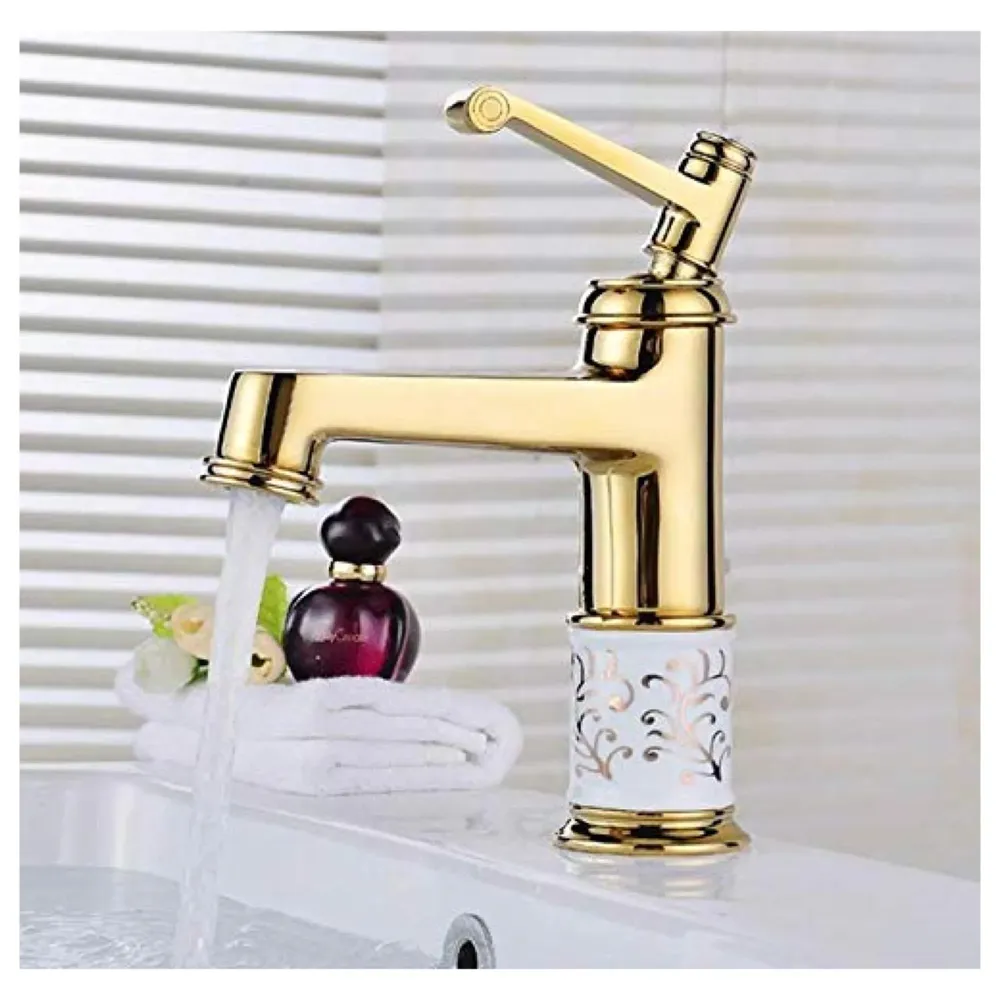 Brass Gold White Flower Basin Tap Faucet Mixer Hot and Cold Sink Mixer Golden Colour Aura Florina (Short Body 7 Inches) for Bathroom Toilet Wash Basins Hot and Cold Water