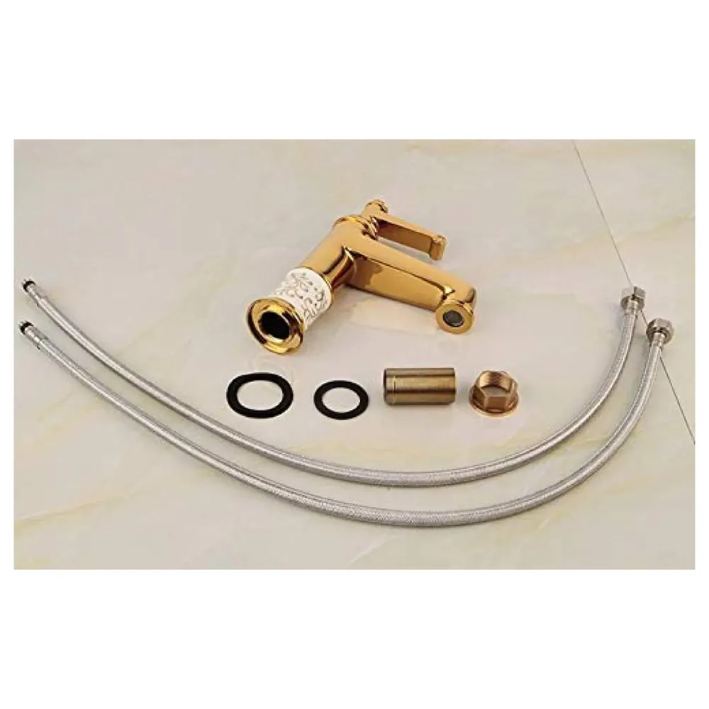 Brass Gold White Flower Basin Tap Faucet Mixer Hot and Cold Sink Mixer Golden Colour Aura Florina (Short Body 7 Inches) for Bathroom Toilet Wash Basins Hot and Cold Water