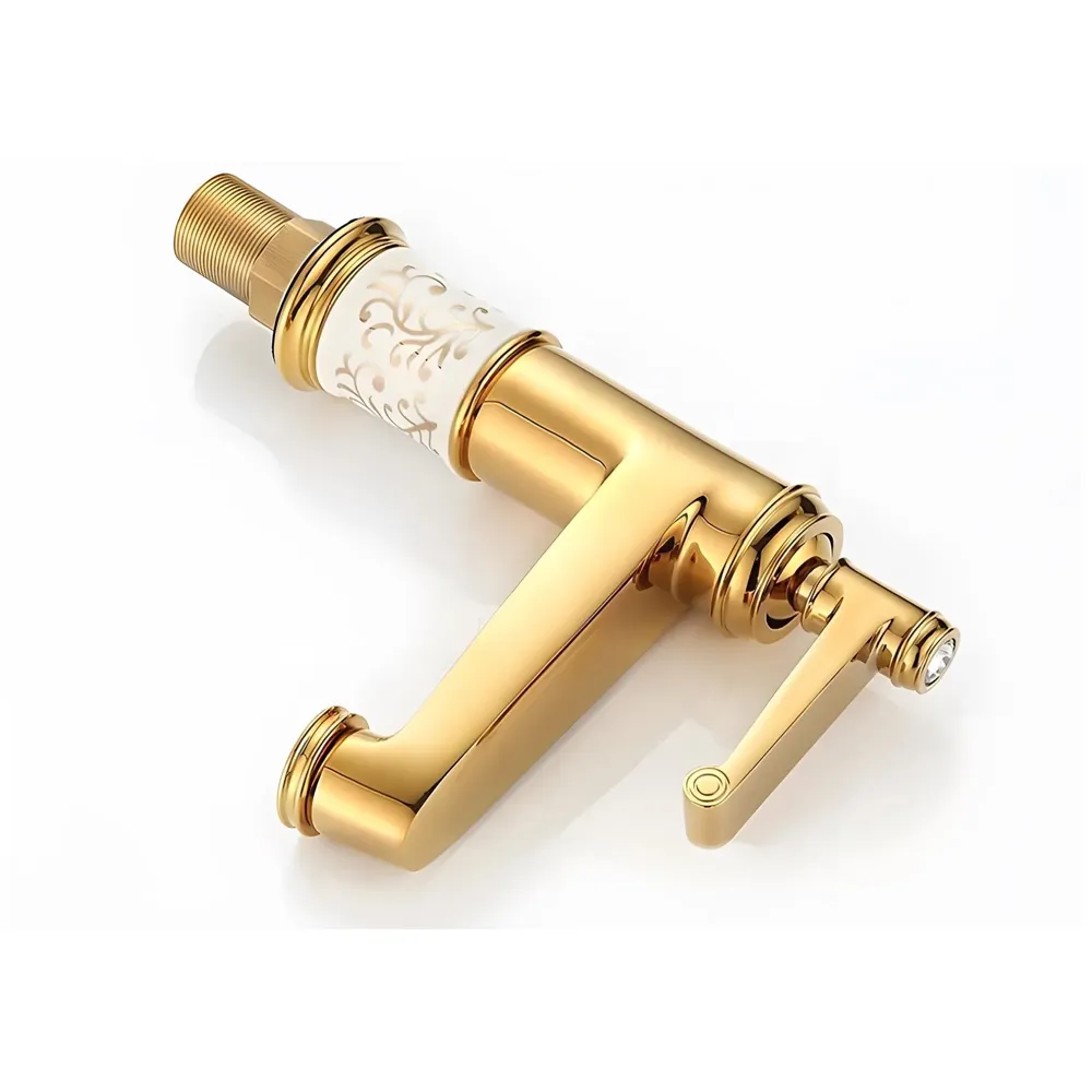Brass Gold White Flower Basin Tap Faucet Mixer Hot and Cold Sink Mixer Golden Colour Aura Florina (Short Body 7 Inches) for Bathroom Toilet Wash Basins Hot and Cold Water