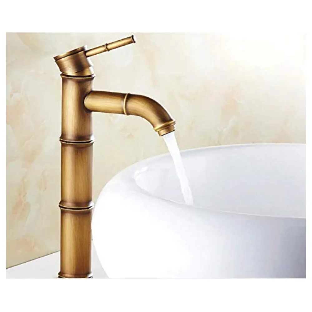 Brass Bamboo Spout Single Lever Basin Tap Faucet Mixer for Bathroom Toilet Wash Basins Hot and Cold Water, Bamboo with Aerated Water Flow, 12 Inches Height