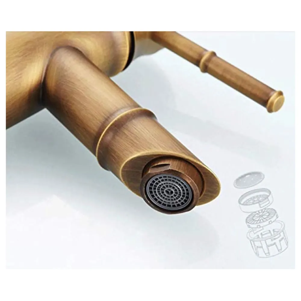 Brass Bamboo Spout Single Lever Basin Tap Faucet Mixer for Bathroom Toilet Wash Basins Hot and Cold Water, Bamboo with Aerated Water Flow, 12 Inches Height