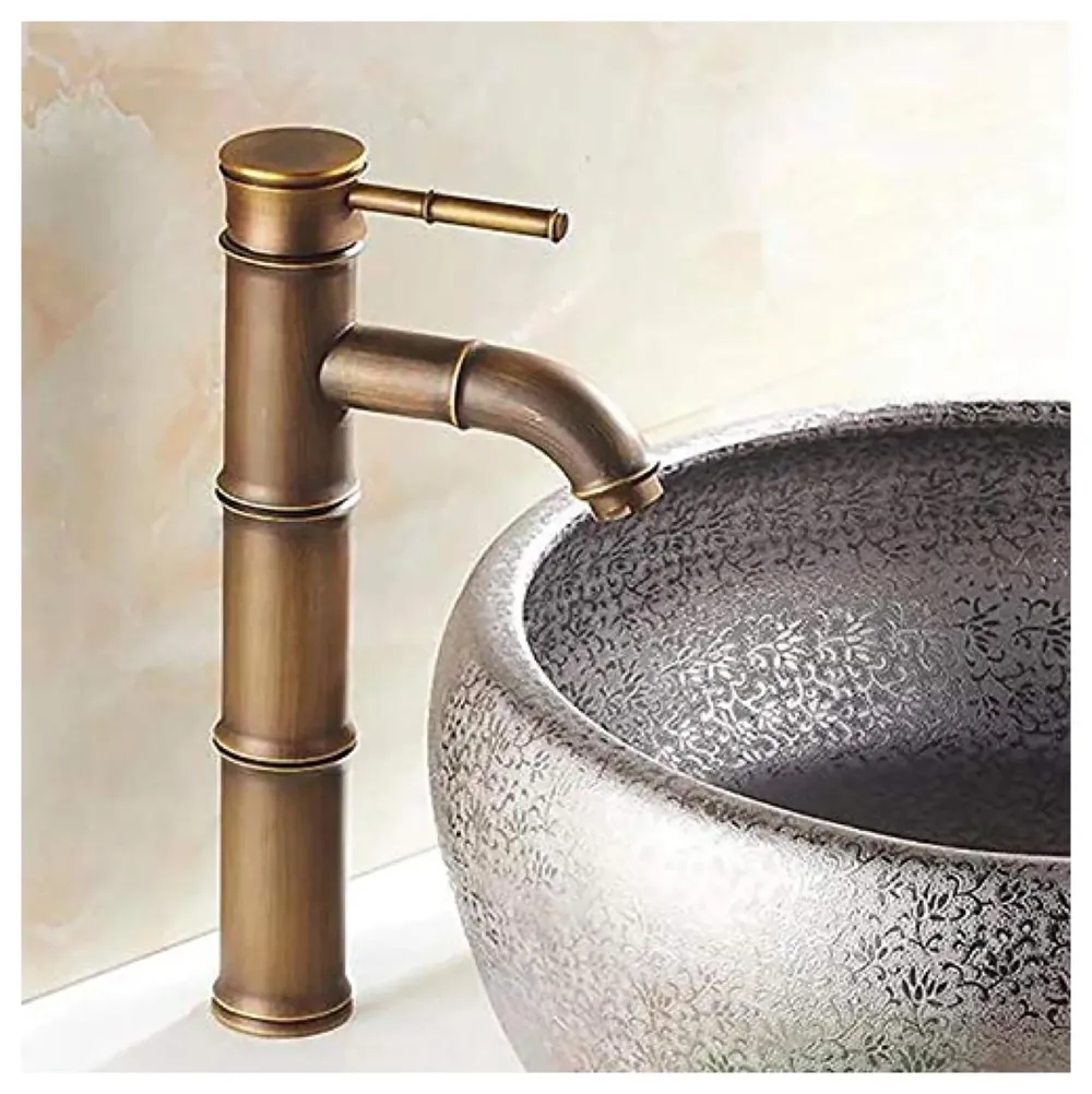 Brass Bamboo Spout Single Lever Basin Tap Faucet Mixer for Bathroom Toilet Wash Basins Hot and Cold Water, Bamboo with Aerated Water Flow, 12 Inches Height
