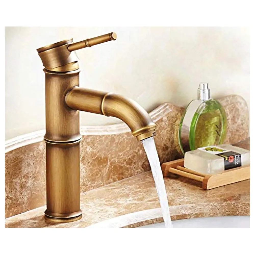 Brass Bamboo Spout Single Lever Basin Tap Faucet Mixer for Bathroom Toilet Wash Basins Hot and Cold Water, Bamboo with Aerated Water Flow, 12 Inches Height