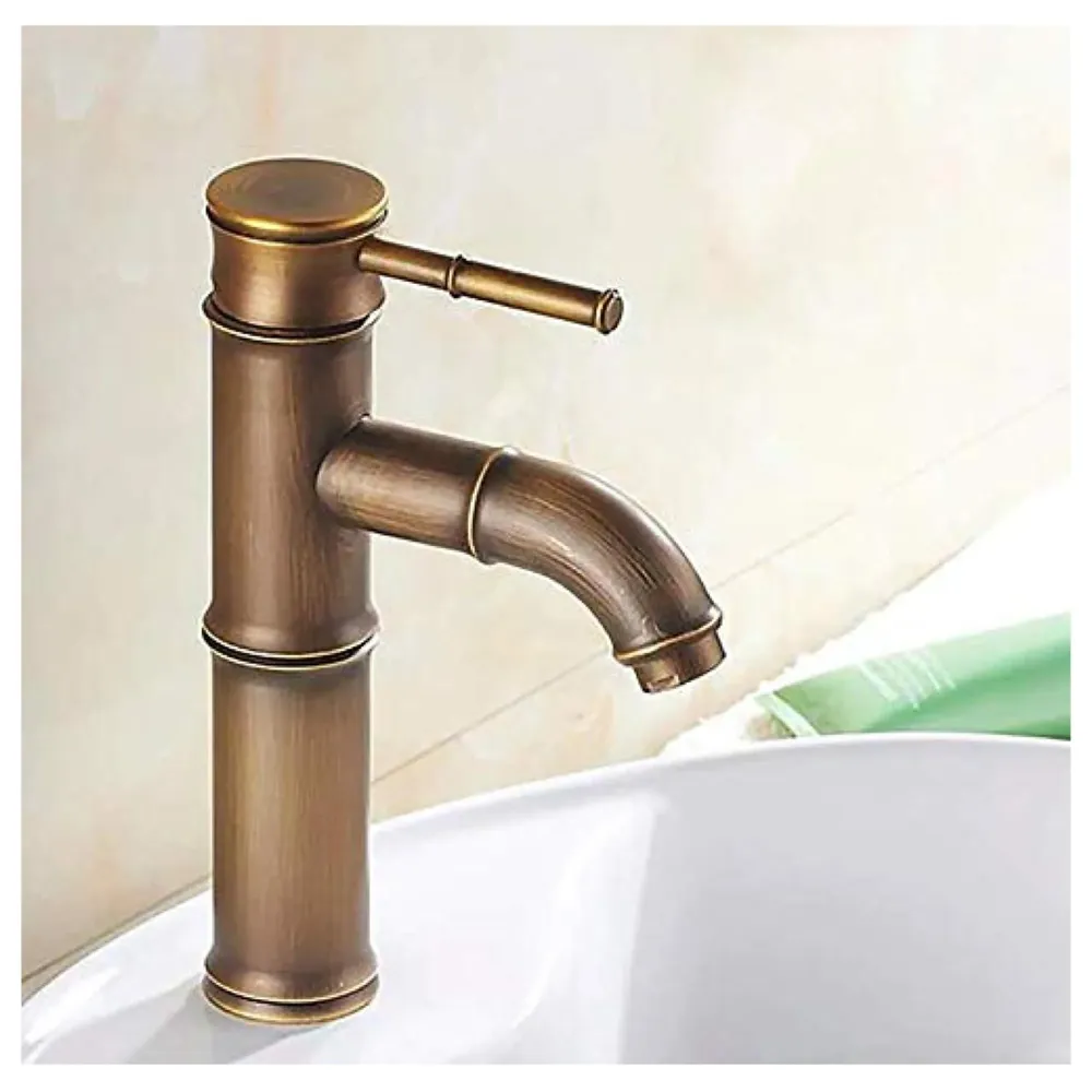 Brass Bamboo Spout Single Lever Basin Tap Faucet Mixer for Bathroom Toilet Wash Basins Hot and Cold Water, Bamboo with Aerated Water Flow, 12 Inches Height