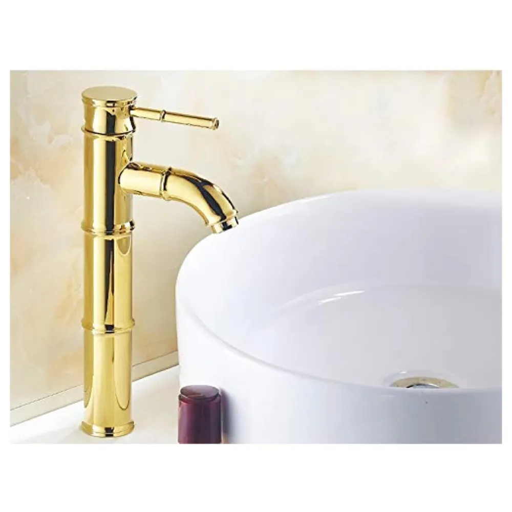 Gold Bamboo Spout Single Lever Basin Mixer with 2 Braided Connection Pipes 450mm Hot and Cold, Bamboo with Aerated Water Flow, 12 Inches Height
