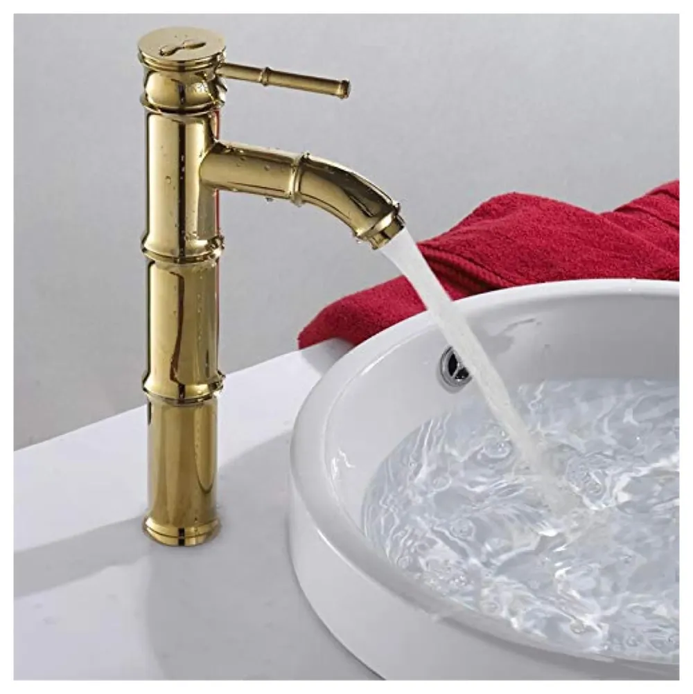 Gold Bamboo Spout Single Lever Basin Mixer with 2 Braided Connection Pipes 450mm Hot and Cold, Bamboo with Aerated Water Flow, 12 Inches Height