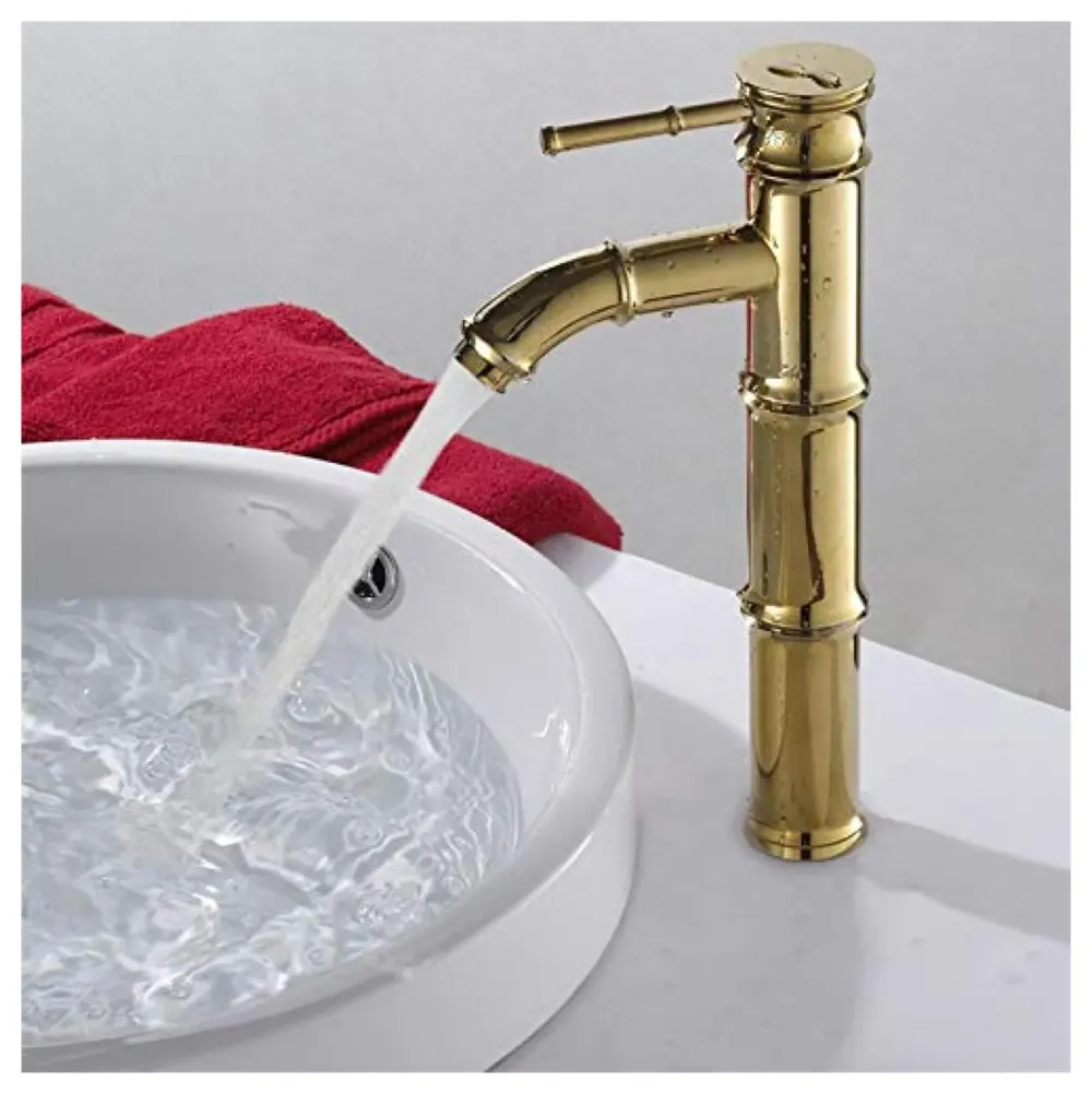 Gold Bamboo Spout Single Lever Basin Mixer with 2 Braided Connection Pipes 450mm Hot and Cold, Bamboo with Aerated Water Flow, 12 Inches Height
