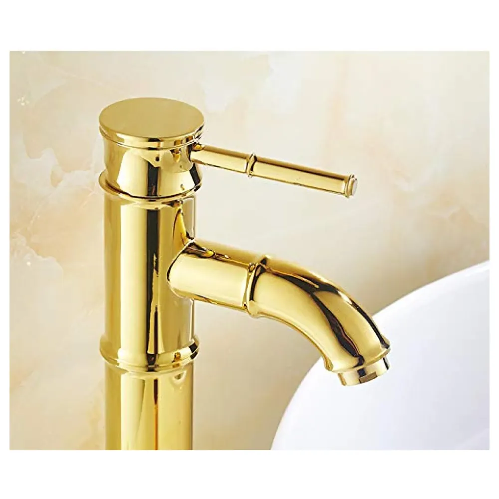 Gold Bamboo Spout Single Lever Basin Mixer with 2 Braided Connection Pipes 450mm Hot and Cold, Bamboo with Aerated Water Flow, 12 Inches Height