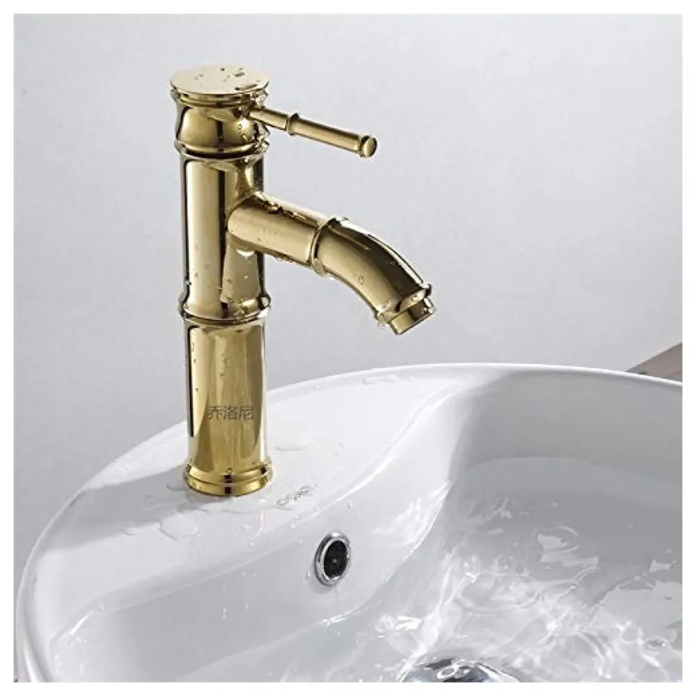 Gold Bamboo Spout Single Lever Basin Mixer with 2 Braided Connection Pipes 450mm Hot and Cold, Bamboo with Aerated Water Flow, 12 Inches Height
