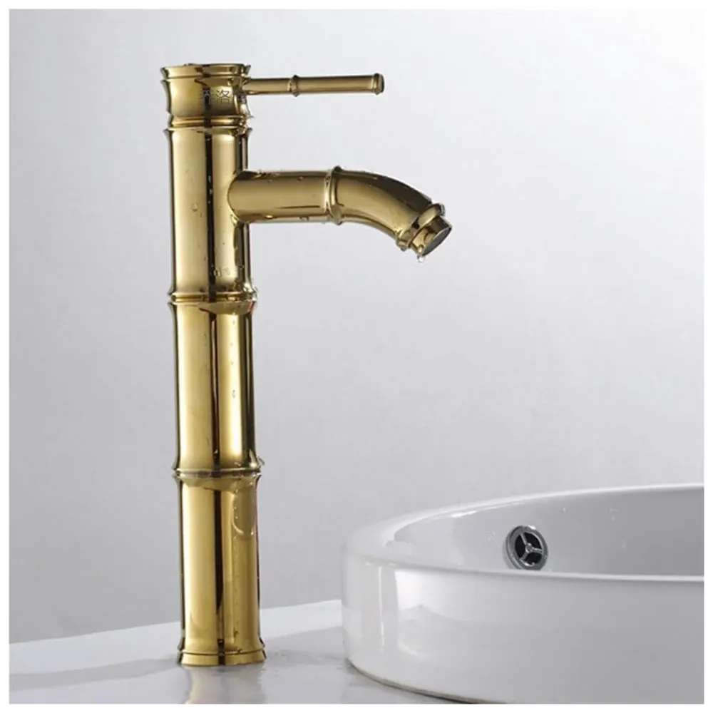 Gold Bamboo Spout Single Lever Basin Mixer with 2 Braided Connection Pipes 450mm Hot and Cold, Bamboo with Aerated Water Flow, 12 Inches Height