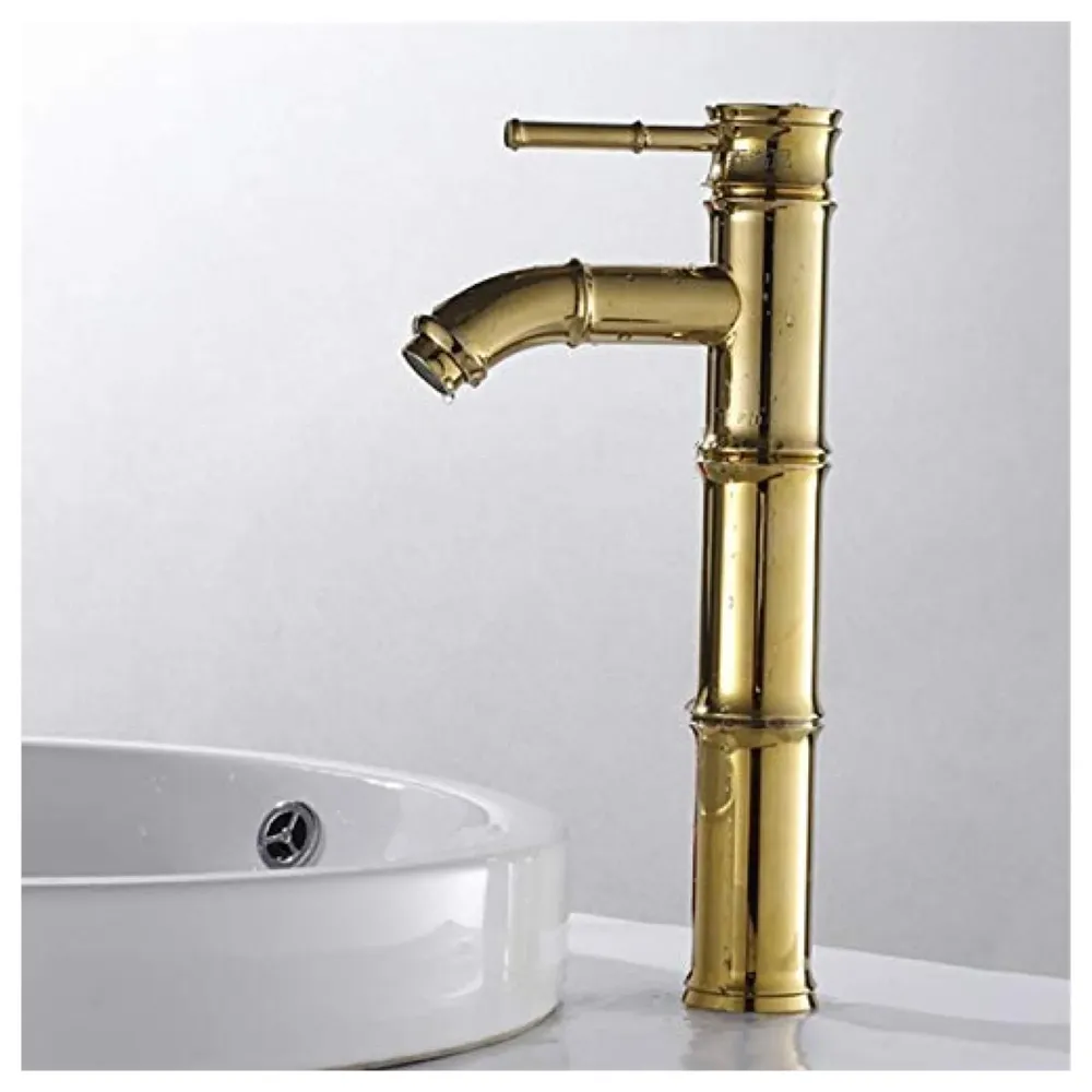 Gold Bamboo Spout Single Lever Basin Mixer with 2 Braided Connection Pipes 450mm Hot and Cold, Bamboo with Aerated Water Flow, 12 Inches Height