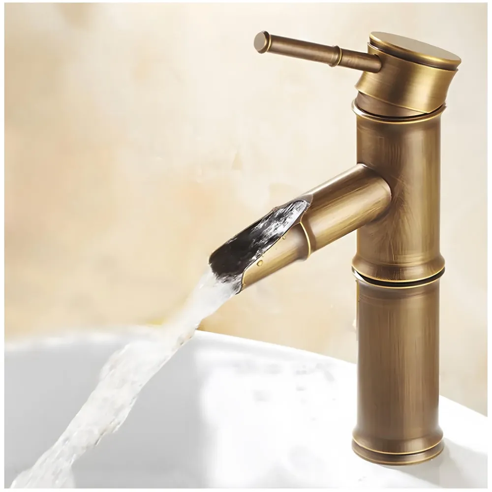 Short Waterfall Bamboo Tap Bathroom Basin Mixer Basin tap washbasin tap Faucet Brass 7 inch Height. Hot and Cold Water