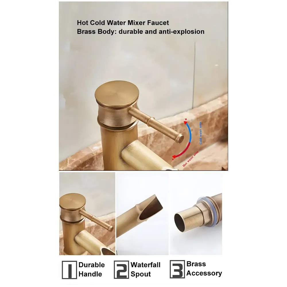 Short Waterfall Bamboo Tap Bathroom Basin Mixer Basin tap washbasin tap Faucet Brass 7 inch Height. Hot and Cold Water