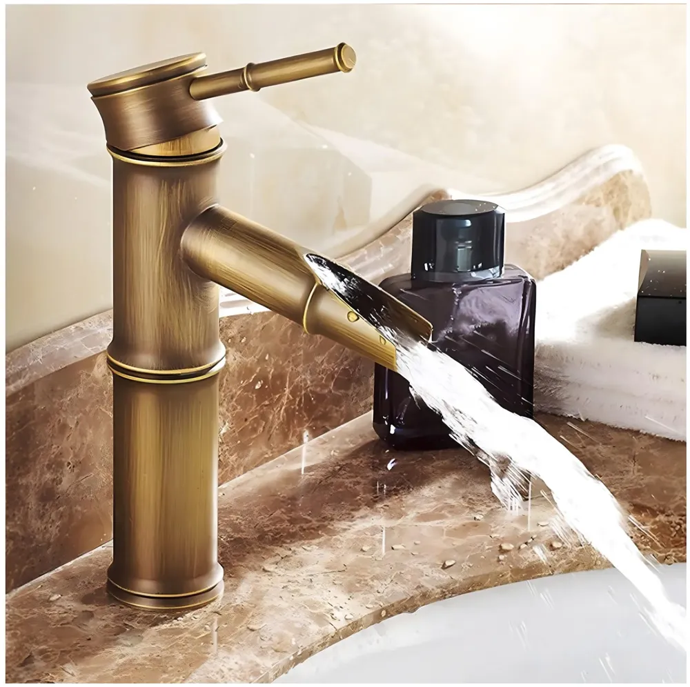 Short Waterfall Bamboo Tap Bathroom Basin Mixer Basin tap washbasin tap Faucet Brass 7 inch Height. Hot and Cold Water