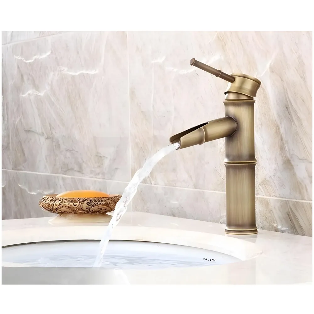 Short Waterfall Bamboo Tap Bathroom Basin Mixer Basin tap washbasin tap Faucet Brass 7 inch Height. Hot and Cold Water