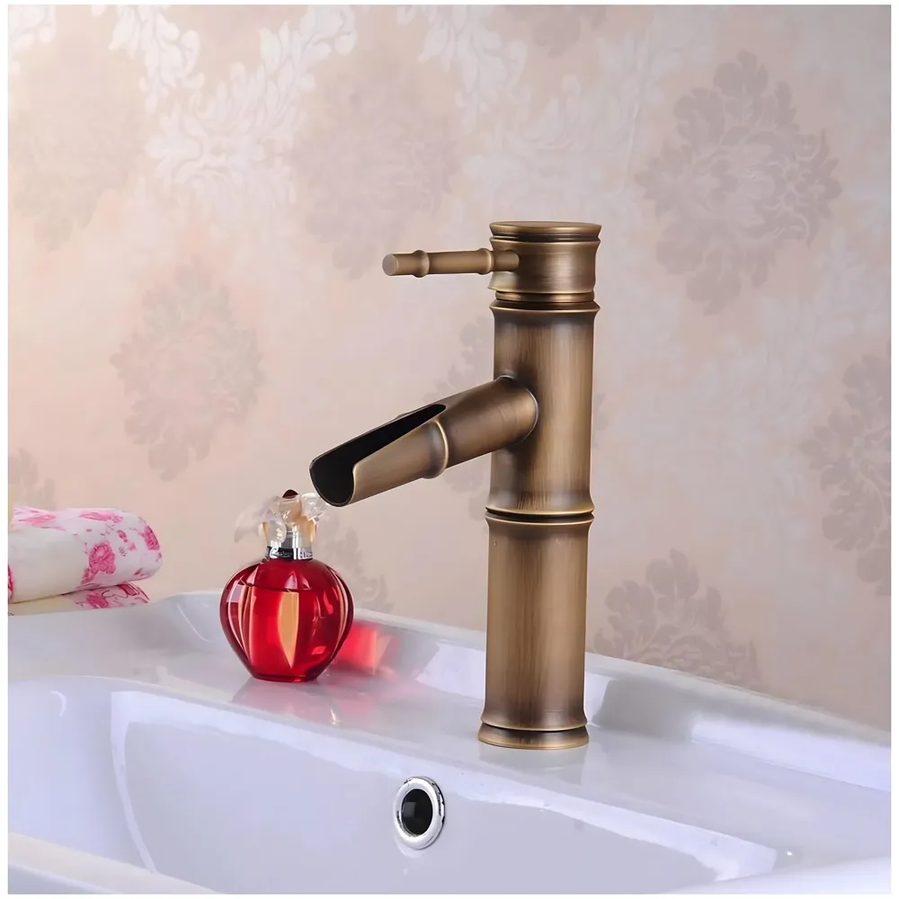 Short Waterfall Bamboo Tap Bathroom Basin Mixer Basin tap washbasin tap Faucet Brass 7 inch Height. Hot and Cold Water
