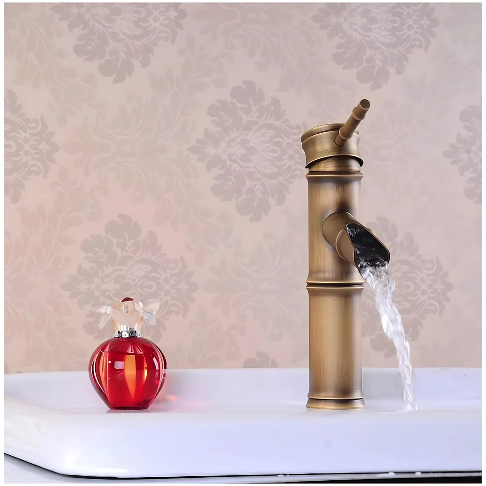 Short Waterfall Bamboo Tap Bathroom Basin Mixer Basin tap washbasin tap Faucet Brass 7 inch Height. Hot and Cold Water
