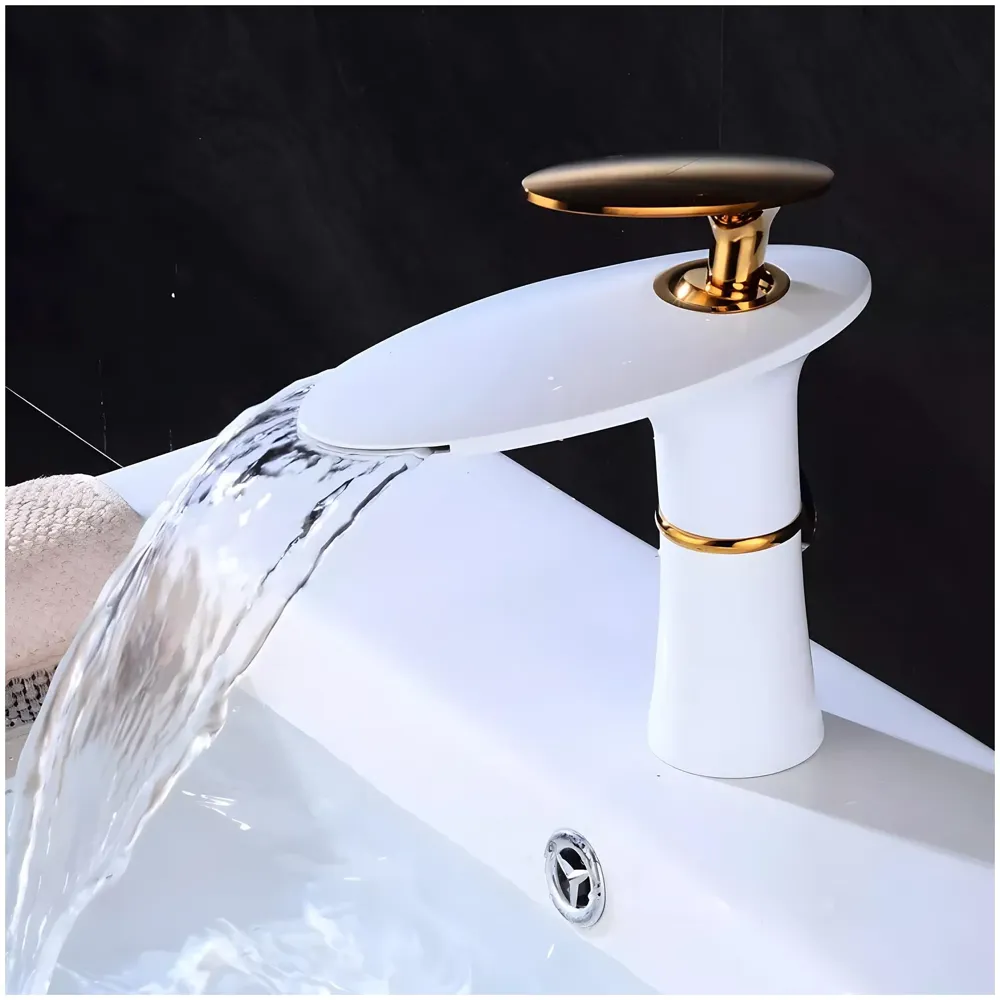 White Waterfall Faucet Gold Waterfall Basin Tap Faucet Mixer for Bathroom Toilet Wash Basins Hot and Cold Water - 18.5cm Height