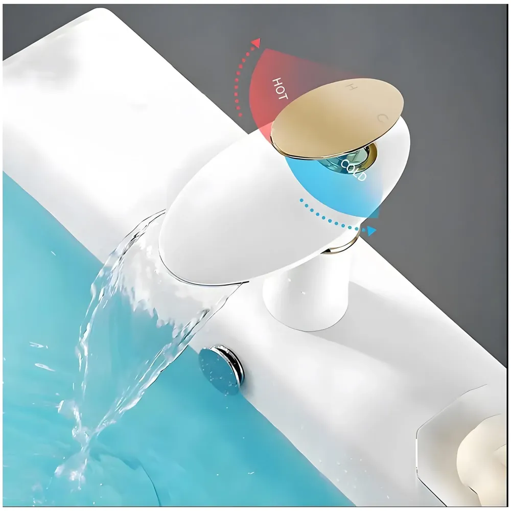 White Waterfall Faucet Gold Waterfall Basin Tap Faucet Mixer for Bathroom Toilet Wash Basins Hot and Cold Water - 18.5cm Height - 2