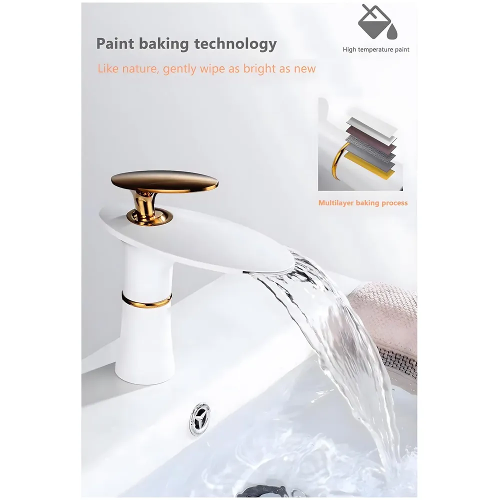 White Waterfall Faucet Gold Waterfall Basin Tap Faucet Mixer for Bathroom Toilet Wash Basins Hot and Cold Water - 18.5cm Height - 3