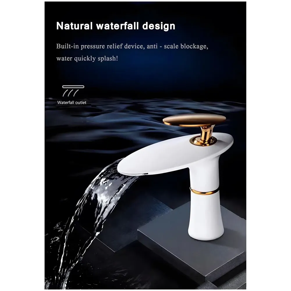 White Waterfall Faucet Gold Waterfall Basin Tap Faucet Mixer for Bathroom Toilet Wash Basins Hot and Cold Water - 18.5cm Height - 4