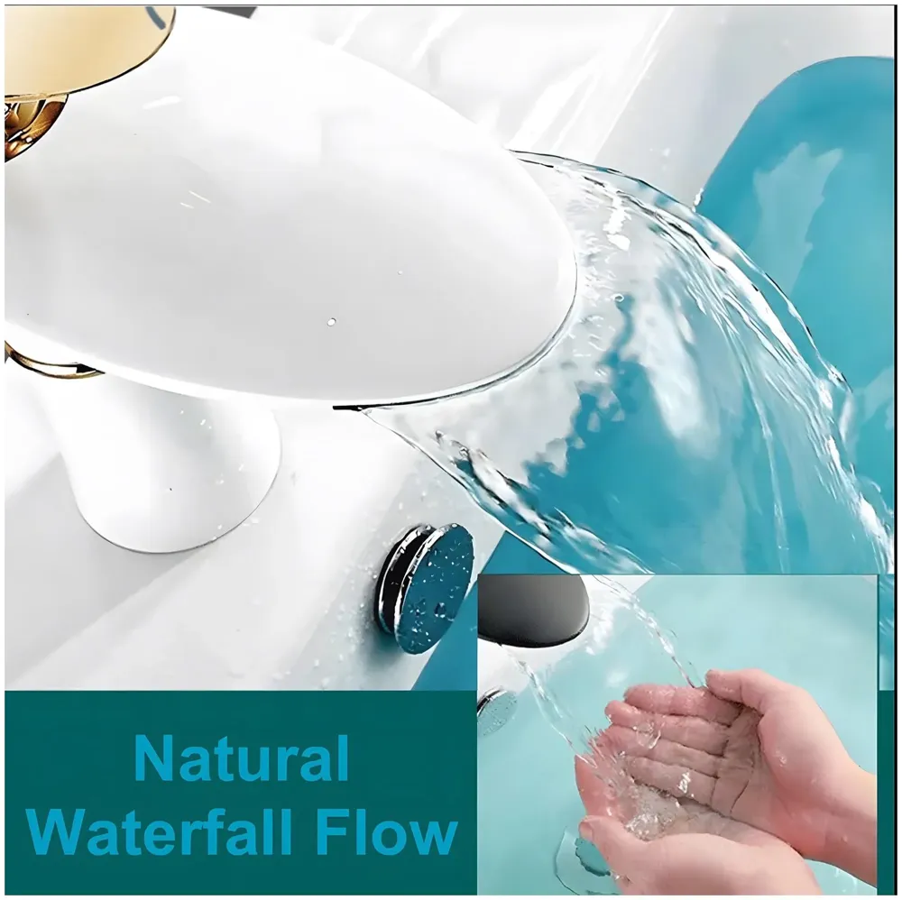 White Waterfall Faucet Gold Waterfall Basin Tap Faucet Mixer for Bathroom Toilet Wash Basins Hot and Cold Water - 18.5cm Height - 5