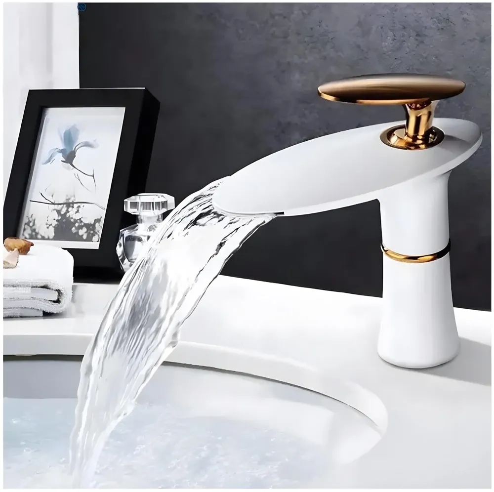 White Waterfall Faucet Gold Waterfall Basin Tap Faucet Mixer for Bathroom Toilet Wash Basins Hot and Cold Water - 18.5cm Height - 6