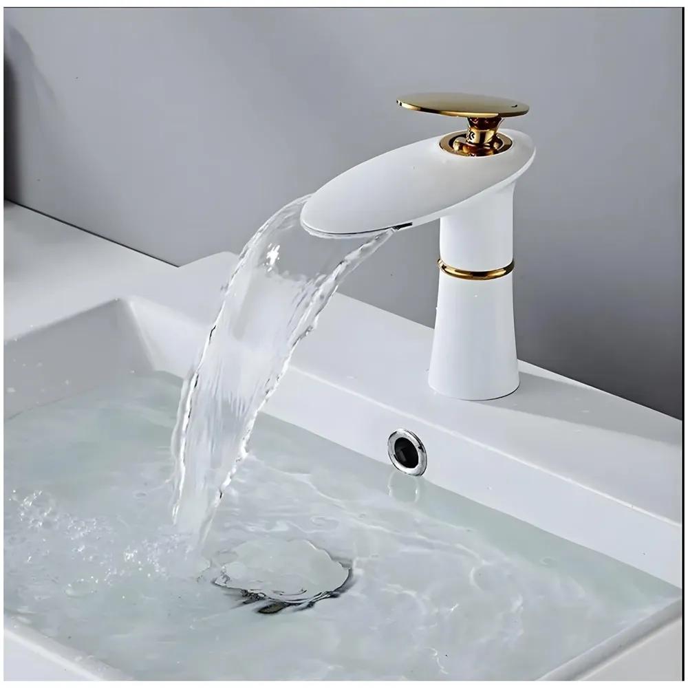 White Waterfall Faucet Gold Waterfall Basin Tap Faucet Mixer for Bathroom Toilet Wash Basins Hot and Cold Water - 18.5cm Height - 7