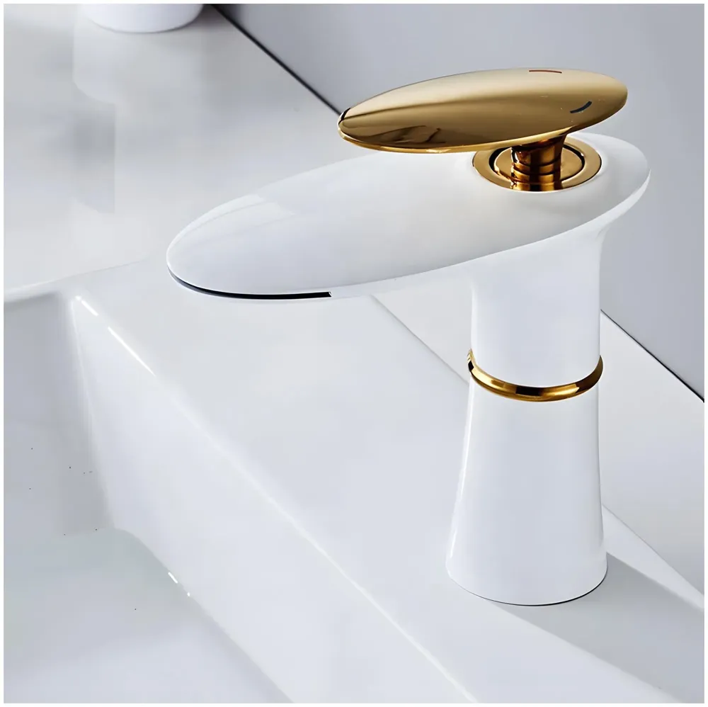 White Waterfall Faucet Gold Waterfall Basin Tap Faucet Mixer for Bathroom Toilet Wash Basins Hot and Cold Water - 18.5cm Height - 8