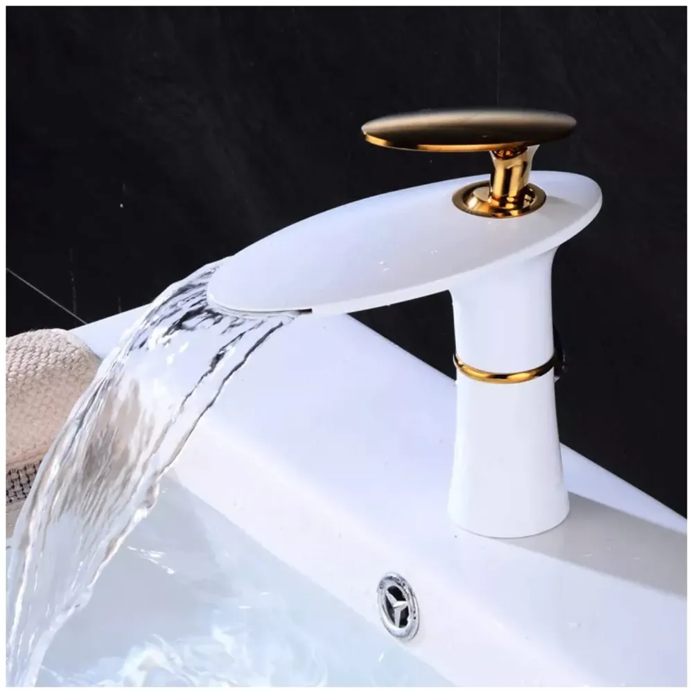 White Waterfall Faucet Gold Waterfall Basin Tap Faucet Mixer for Bathroom Toilet Wash Basins Hot and Cold Water - 18.5cm Height