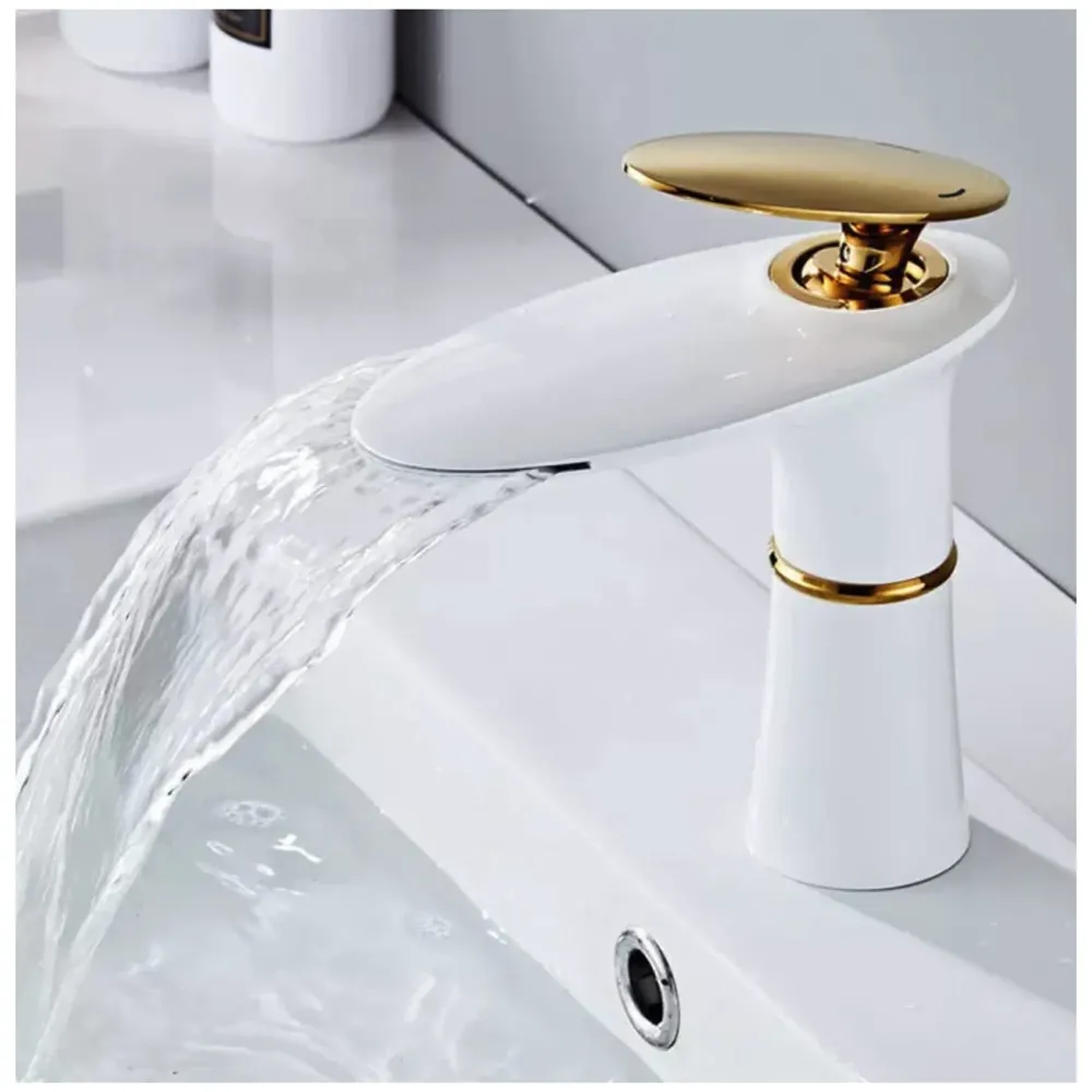 White Waterfall Faucet Gold Waterfall Basin Tap Faucet Mixer for Bathroom Toilet Wash Basins Hot and Cold Water - 18.5cm Height