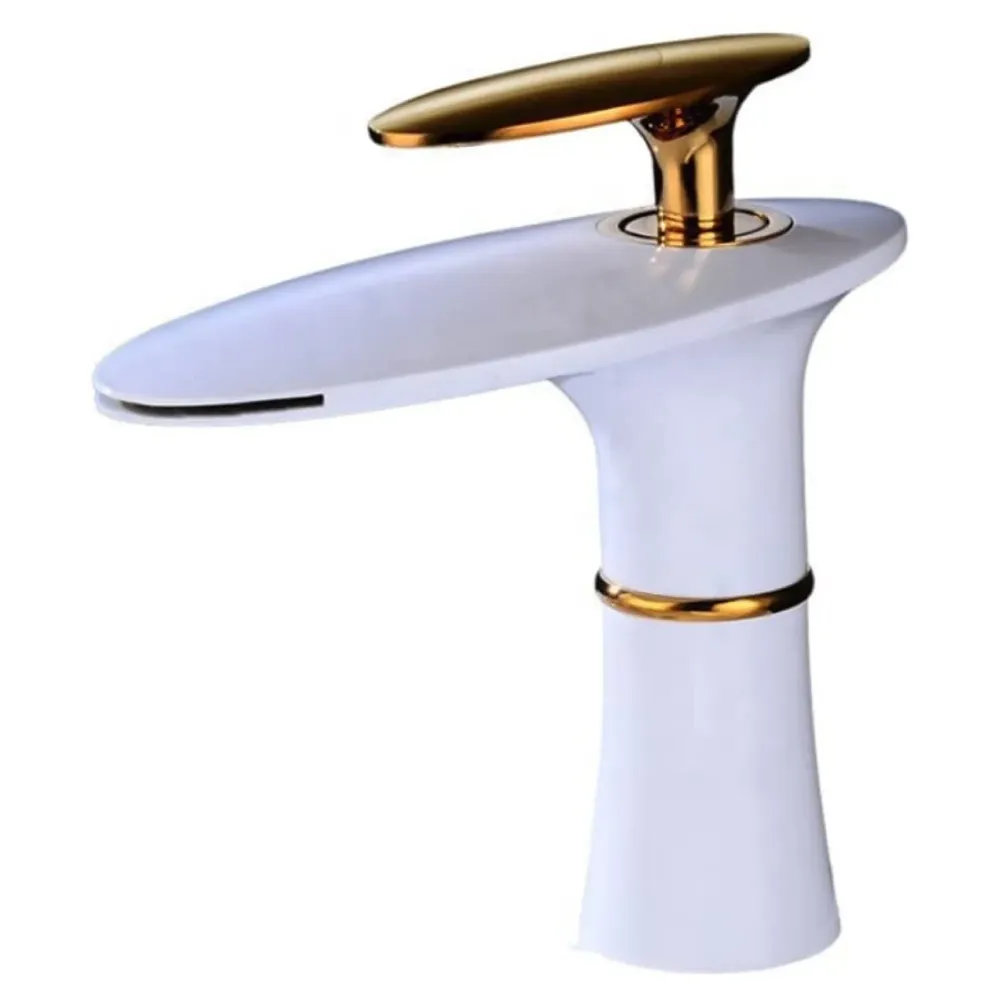 White Waterfall Faucet Gold Waterfall Basin Tap Faucet Mixer for Bathroom Toilet Wash Basins Hot and Cold Water - 18.5cm Height