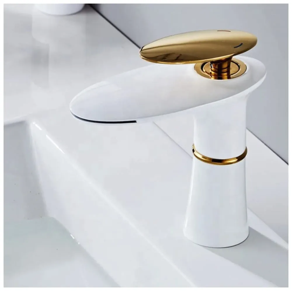 White Waterfall Faucet Gold Waterfall Basin Tap Faucet Mixer for Bathroom Toilet Wash Basins Hot and Cold Water - 18.5cm Height
