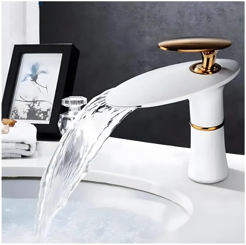 White Waterfall Faucet Gold Waterfall Basin Tap Faucet Mixer for Bathroom Toilet Wash Basins Hot and Cold Water - 18.5cm Height
