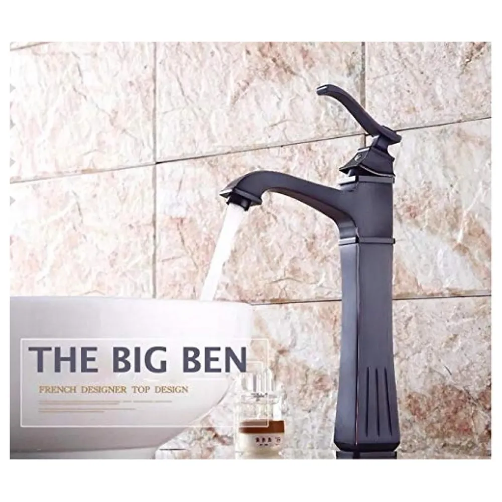 The Big Ben Brass Basin Tap Faucet Mixer with 2 Braided Connection Pipes, Black