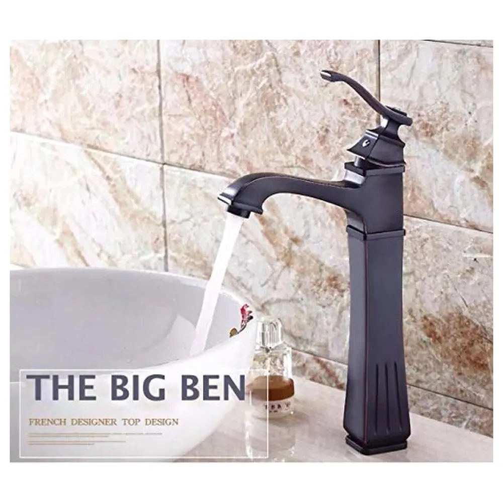 The Big Ben Brass Basin Tap Faucet Mixer with 2 Braided Connection Pipes, Black