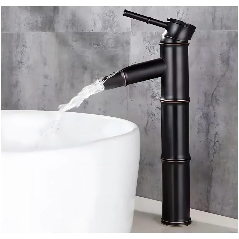 Black Bamboo Basin Tap Faucet Mixer, for Bathroom Toilet Wash Basins Hot and Cold Water Polished. Matt Black Pillar Cock Hot and Cold 12 inch Height