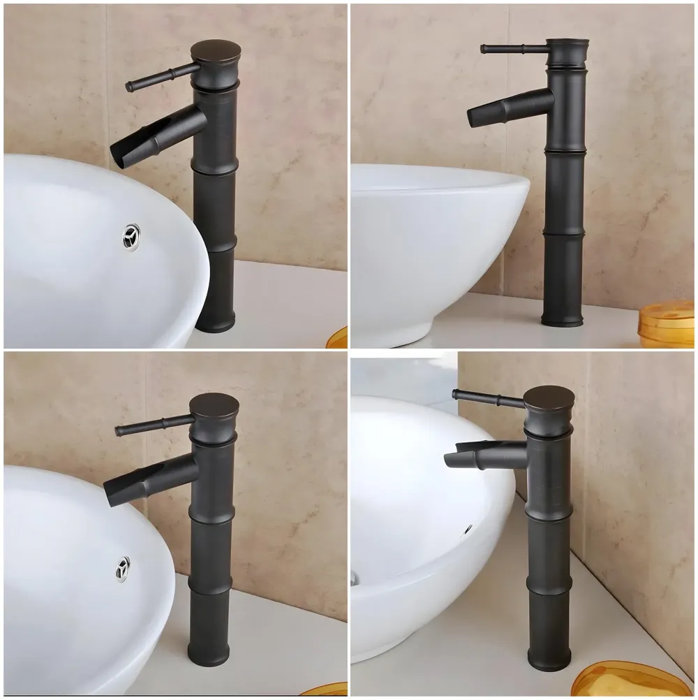 Black Bamboo Basin Tap Faucet Mixer, for Bathroom Toilet Wash Basins Hot and Cold Water Polished. Matt Black Pillar Cock Hot and Cold 12 inch Height