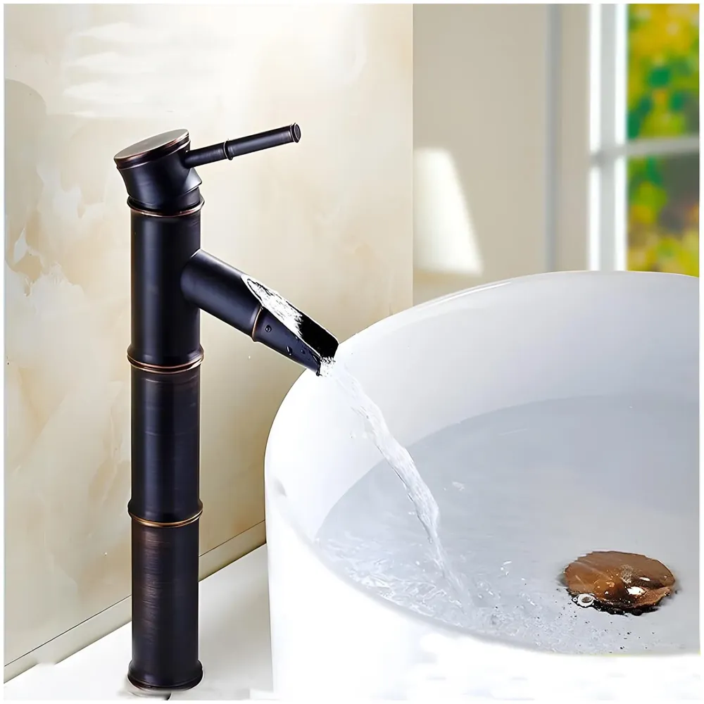 Black Bamboo Basin Tap Faucet Mixer, for Bathroom Toilet Wash Basins Hot and Cold Water Polished. Matt Black Pillar Cock Hot and Cold 12 inch Height