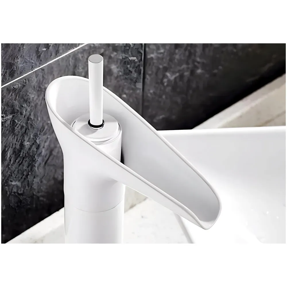 White Waterfall Basin Faucet Tap Mixer for Bathroom Toilet Wash Basins Hot and Cold Water, 12 Inch Height - Brass - 2