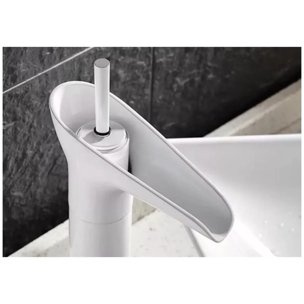 White Waterfall Basin Faucet Tap Mixer for Bathroom Toilet Wash Basins Hot and Cold Water, 12 Inch Height - Brass