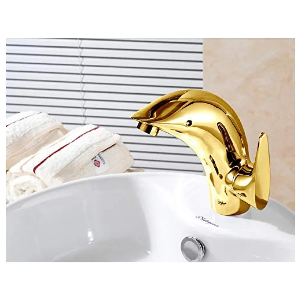 Premium Heavy Single Lever Basin Mixer ~ with 2 Braided Connection Pipes 450mm (Without pop-up) (Dolphin Gold)