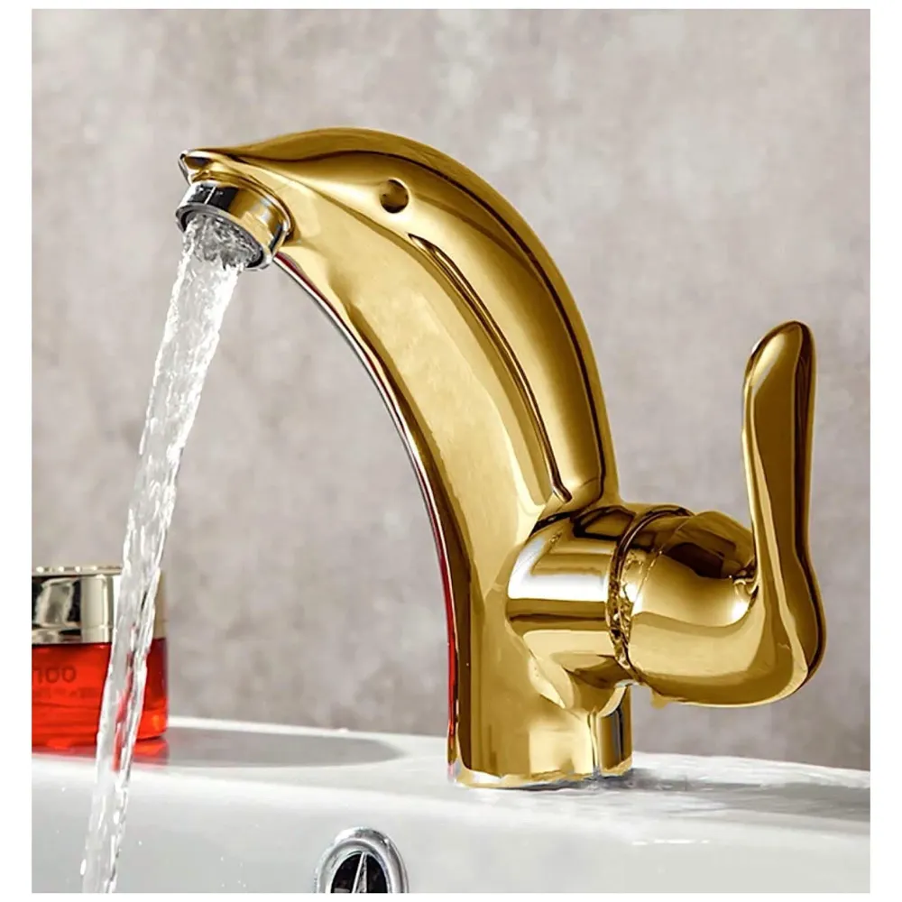 Premium Heavy Single Lever Basin Mixer ~ with 2 Braided Connection Pipes 450mm (Without pop-up) (Dolphin Gold)
