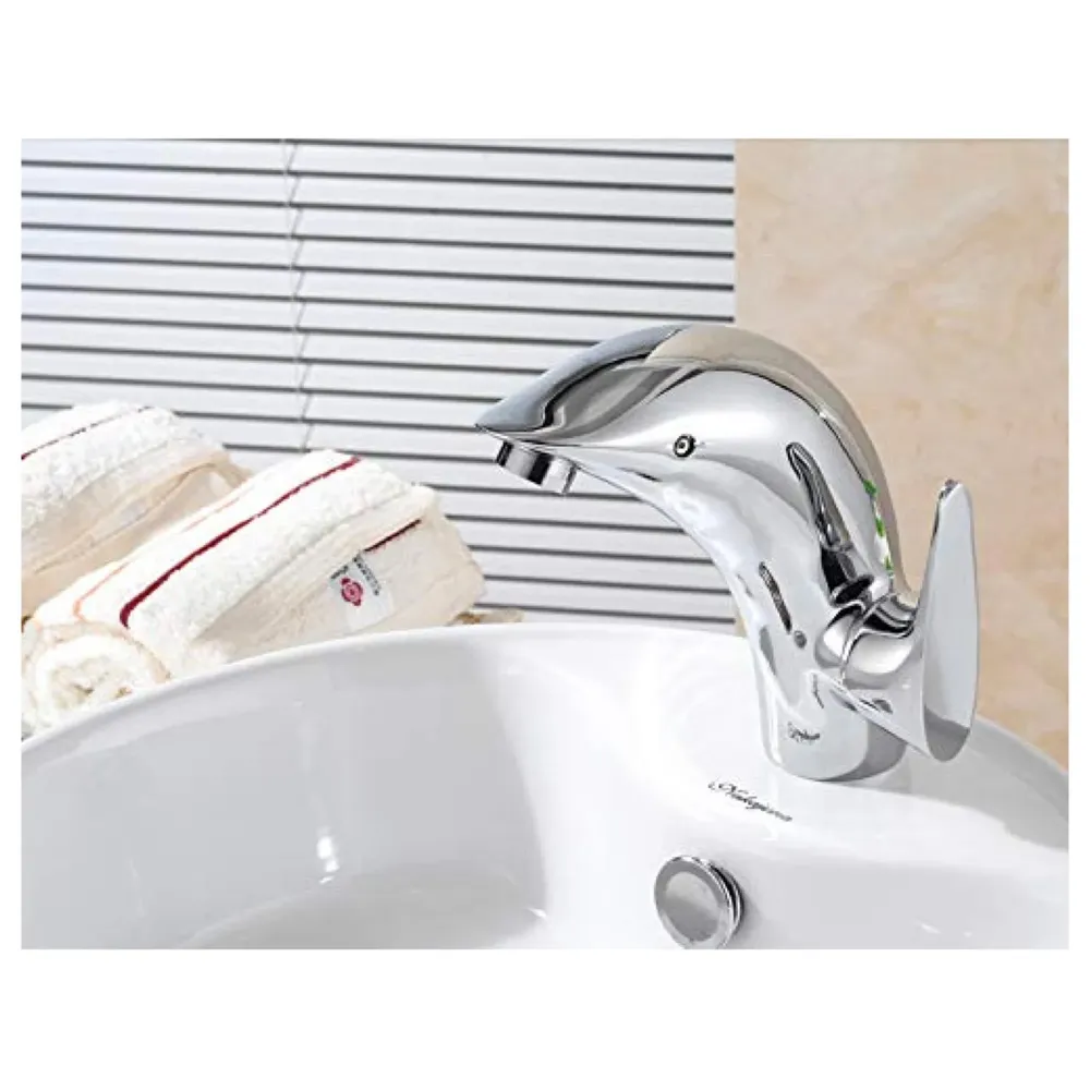 Brass Single Lever Basin Mixer Dolphin with 2 Braided Connection Pipes 450mm Dolphin Chrome