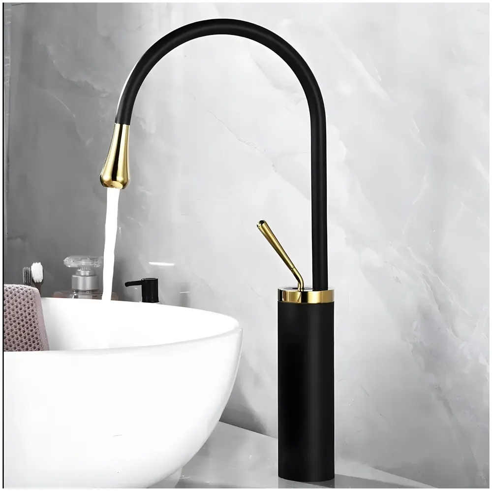 Black Gold Drop Basin Tap Faucet Mixer for Bathroom Toilet Wash Basins Hot and Cold Water Faucet Sink Mixer Colour Tall Body Golden 46cm Height