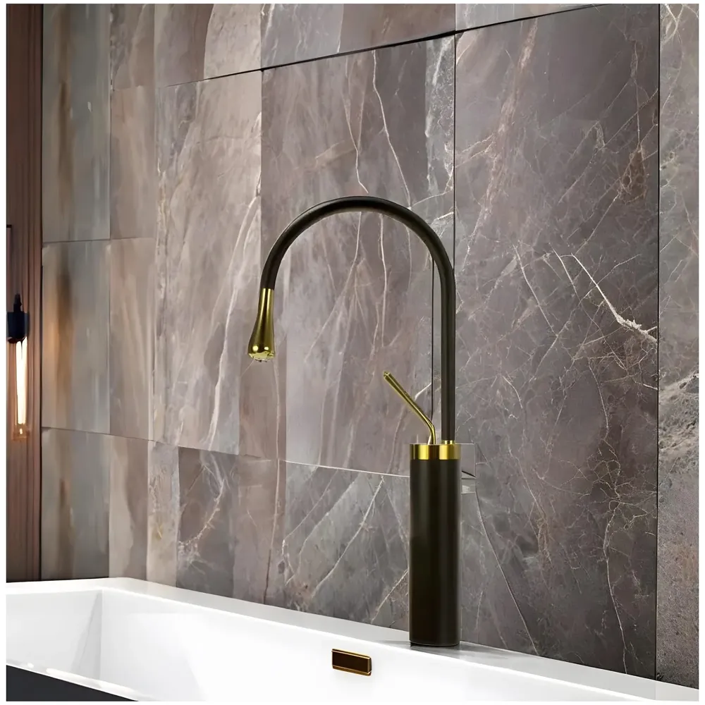 Black Gold Drop Basin Tap Faucet Mixer for Bathroom Toilet Wash Basins Hot and Cold Water Faucet Sink Mixer Colour Tall Body Golden 46cm Height