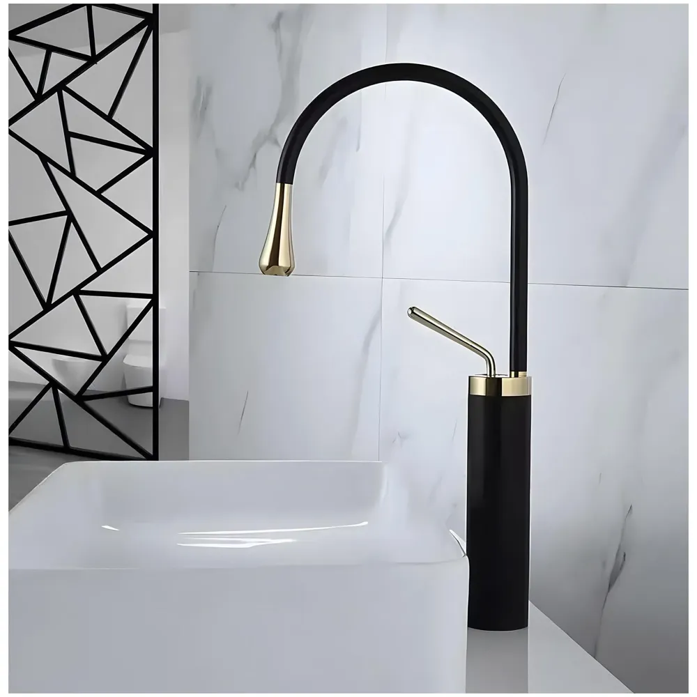Black Gold Drop Basin Tap Faucet Mixer for Bathroom Toilet Wash Basins Hot and Cold Water Faucet Sink Mixer Colour Tall Body Golden 46cm Height